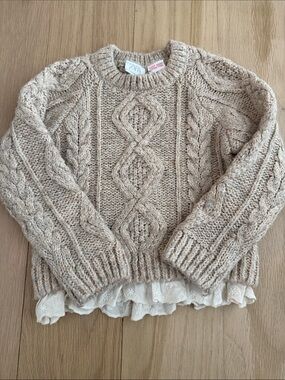 Zara Cream Cable Knit Sweater with Lace Trim